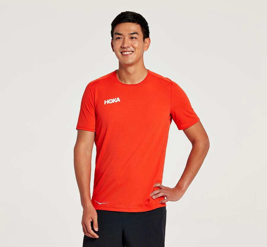 Hoka One One Top Erkek Kırmızı - Performance Short Sleeve - OJ5428719